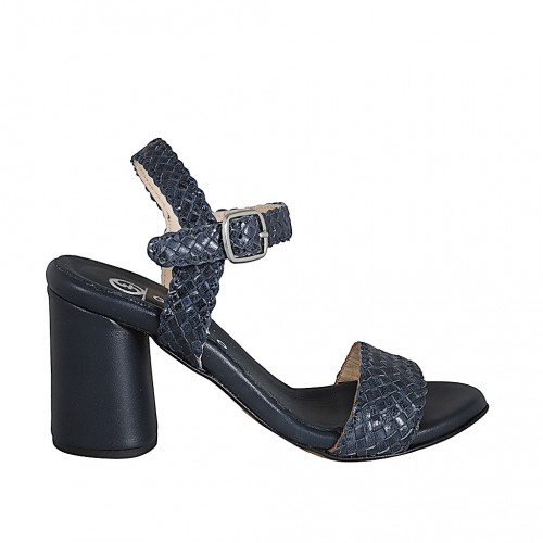 Sandalia con cinturon para mujer en piel trensada azul tacon 7 - Tallas disponibles:  32, 33, 34, 35, 42, 43, 44, 45