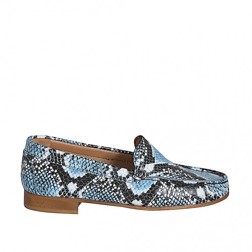 Mocassino da donna in pelle stampata azzurra, nera e bianca tacco 2 - Misure disponibili: 33, 34, 35, 42, 43, 44