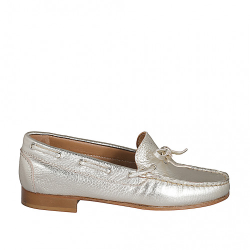 Woman's loafer in platinum laminated leather with bow heel 2 - Available sizes:  34, 35, 42, 43, 44