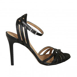 Sandalia con cinturon al tobillo y tiras para mujer en piel negra tacon 10 - Tallas disponibles:  32, 33, 34, 35, 42, 43