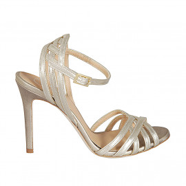 Woman's sandal with ankle strap and strips in platinum laminated leather heel 10 - Available sizes:  32, 33, 34, 35, 42, 43, 45, 46