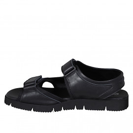 Men's sandal with velcro strap in black leather and fabric - Available sizes:  46, 47, 48, 50, 51 2