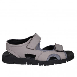 Men's sandal with velcro strap in beige nubuck and grey fabric - Available sizes:  46, 47, 48, 49, 50, 51, 52, 53