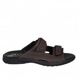 Men's sandal with velcro strap in dark brown leather - Available sizes:  46, 47, 48, 49