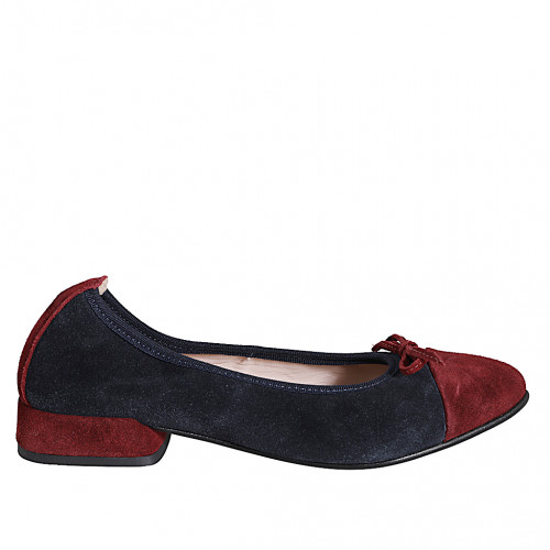 Ballerina da donna con fiocco e puntale in camoscio color blu e bordeaux tacco 2 - Misure disponibili: 32, 33, 35, 42, 46