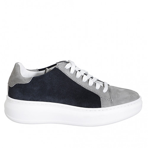 Sneaker stringata da donna con plantare estraibile in camoscio blu e grigio zeppa 4 - Misure disponibili: 32, 33, 35, 42, 43, 44, 45