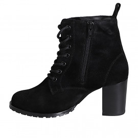 Botin de cordones con punta tonda para mujer con cremallera interna en gamuza color negro y tacon 7 - Tallas disponibles:  32, 33, 34, 35, 42, 43, 44, 45 2
