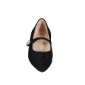 Mary Jane puntiagudo para mujer en gamuza negra con cinturon y flor de estrass tacon 2 - Tallas disponibles:  34, 35, 42