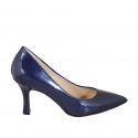 Woman's pointy pump in laminated blue patent leather with heel 8 - Available sizes:  32, 33, 34, 35, 42, 43