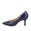 Zapato de salon a punta para mujer en charol laminado azul tacon 8 - Tallas disponibles:  32, 33, 34, 35, 42, 43