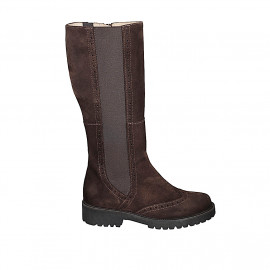 Woman's boot with tip, side elastic band, and inner zipper in dark brown suede heel 3 - Available sizes:  32, 33, 34, 35, 42, 43, 44, 45, 46