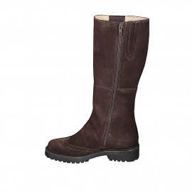 Woman's boot with tip, side elastic band, and inner zipper in dark brown suede heel 3 - Available sizes:  32, 33, 35, 42, 43, 44, 45, 46 2