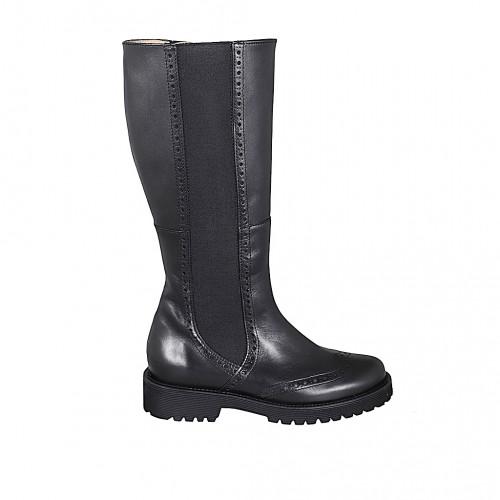 Bottes pour femes à bout brogue, élastique latéral et fermeture éclair intérieure en cuir noir talon 3 - Pointures disponibles:  32, 35, 43, 44, 45, 46