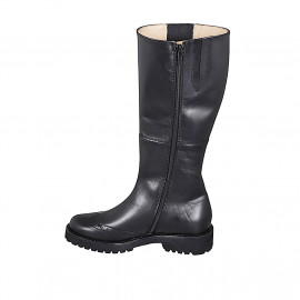 Woman's boot with tip, side elastic band, and inner zipper in black leather heel 3 - Available sizes:  32, 34, 35, 43, 44, 45, 46 2