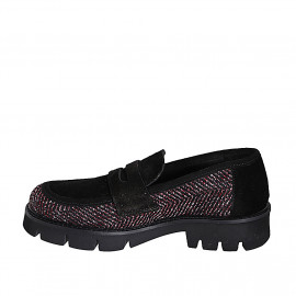 Mocassino da donna in camoscio nero e tessuto spigato bordeaux tacco 3 - Misure disponibili: 32, 35, 42, 43, 44, 46 2