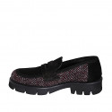 Mocassino da donna in camoscio nero e tessuto spigato bordeaux tacco 3 - Misure disponibili: 32, 35, 42, 43, 44, 46