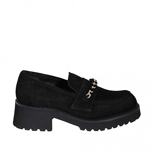 Mocassin sportif pour femmes avec chaine en or en daim noir talon 5 - Pointures disponibles:  45, 46