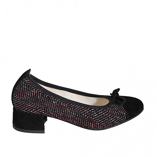 Ballerine avec noeud et bout droit pour femmes en daim noir et tissu bordeaux talon 4 - Pointures disponibles:  34, 35, 42, 43, 44, 45