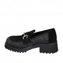 Mocasines para mujer con accesorio metalico en gamuza negra y tela espiguilla tacon 5 - Tallas disponibles:  32, 35, 42, 43, 45, 46