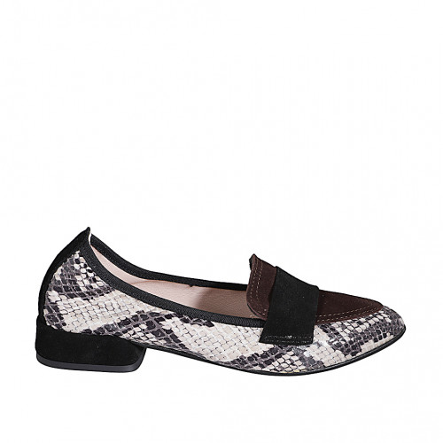 Mocassin à bout pointu pour femmes en cuir verni imprimé et daim noir et marron foncéet talon 2 - Pointures disponibles:  33, 35, 42, 44, 45, 46