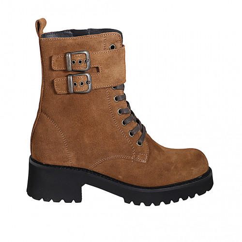 Stivaletto stringato anfibio da donna con cerniera interna e doppia fibbia in camoscio marrone tacco 5 - Misure disponibili: 32, 35, 42, 43