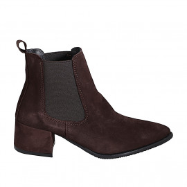 Woman's ankle-high boot with pointy toe with elastic bands in dark brown suede heel 5 - Available sizes:  32, 33, 34, 35, 42, 43, 44, 45