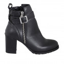 Botines para mujer en piel negra con cremalleras, hebilla y punta redonda tacon 7 - Tallas disponibles:  32, 34, 35, 42, 43, 44, 45