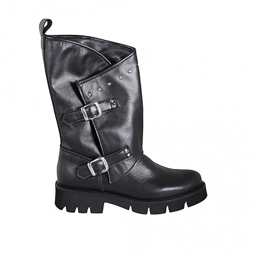 Botas para mujer con doble hebilla y tachuelas en piel de color negro tacon 3 - Tallas disponibles:  35, 43