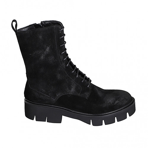 Bottines pour femmes avec lacets et fermeture éclair en daim graissé noir talon 4 - Pointures disponibles:  32, 33, 34, 35, 42, 44, 45, 46, 47