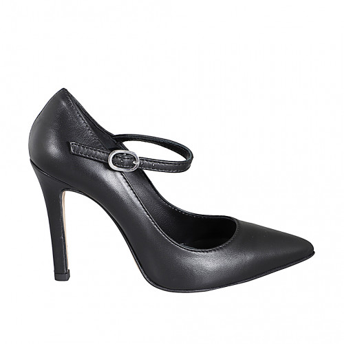 Pointed-toe Mary Jane pumps in black leather heel 10 - Available sizes:  31, 32, 33, 35, 42, 44