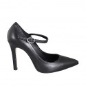 Pointed-toe Mary Jane pumps in black leather heel 10 - Available sizes:  31, 32, 33, 35, 42, 44