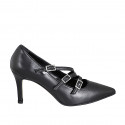 Pointed-toe Mary Jane pumps with three straps in black leather heel 7 - Available sizes:  31