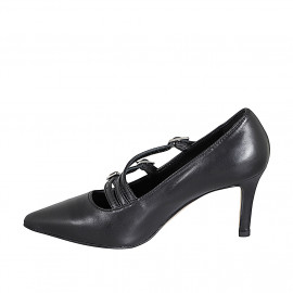 Pointed-toe Mary Jane pumps with three straps in black leather heel 7 - Available sizes:  31 2