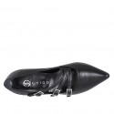 Pointed-toe Mary Jane pumps with three straps in black leather heel 7 - Available sizes:  31