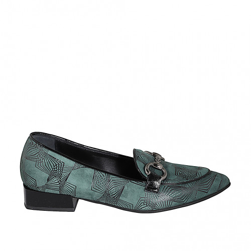 Mocassino a punta da donna con accessorio in camoscio verde e vernice nera tacco 3 - Misure disponibili: 32, 33, 35, 42, 44, 45, 46