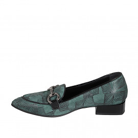 Mocasin à bout pointu pour femmes avec accessoire en daim vert et cuir verni noir talon 3 - Pointures disponibles:  32, 33, 35, 42, 44, 45, 46 2