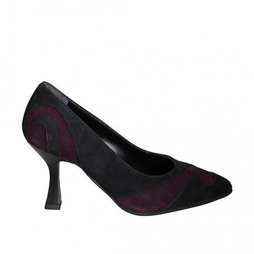 Woman's pointy pump in black and maroon suede spool heel 8 - Available sizes:  32, 33, 34, 35, 42, 43, 44, 45