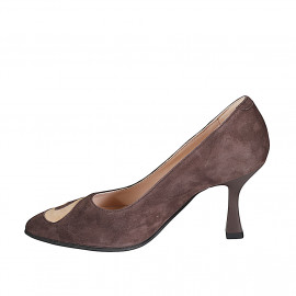 Woman's pointy pump in brown and sand beige suede spool heel 8 - Available sizes:  33, 35, 42 2