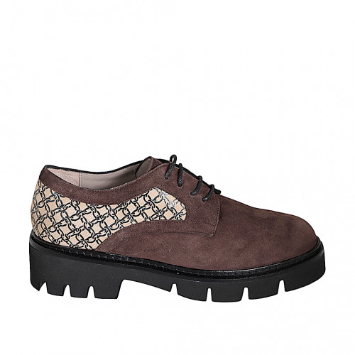 Zapato derby para mujer con cordones en gamuza marron y imprimida beis tacon 4 - Tallas disponibles:  32, 35, 42, 43, 44, 45, 46