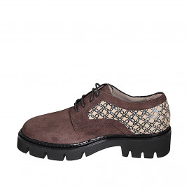 Zapato derby para mujer con cordones en gamuza marron y imprimida beis tacon 4 - Tallas disponibles:  32, 35, 42, 43, 44, 45, 46 2