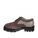 Zapato derby para mujer con cordones en gamuza marron y imprimida beis tacon 4 - Tallas disponibles:  32, 35, 42, 43, 44, 45, 46