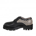 Zapato derby para mujer con cordones en piel negra y gamuza imprimida beis tacon 4 - Tallas disponibles:  32, 33, 35, 42, 43, 44, 45, 46