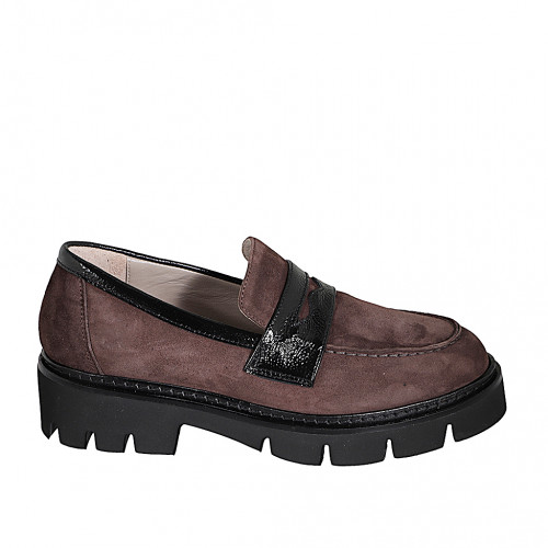 Mocasino para mujer en gamuza marron y charol negro tacon 4 - Tallas disponibles:  32, 35, 42, 43, 45, 46