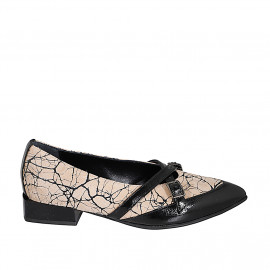 Mocassin pour femmes à bout pointu avec courroies en daim imprimé beige sable et cuir verni noir talon 3 - Pointures disponibles:  32, 33, 34, 35, 42, 43, 44, 45, 46