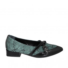 Mocassin pour femmes à bout pointu avec courroies en daim imprimé vert et cuir verni noir talon 3 - Pointures disponibles:  32, 33, 34, 35, 42, 43, 44, 45, 46