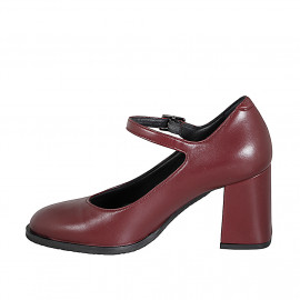Round-toe Mary Jane pumps in maroon leather heel 7 - Available sizes:  32, 33, 34, 42, 43 2