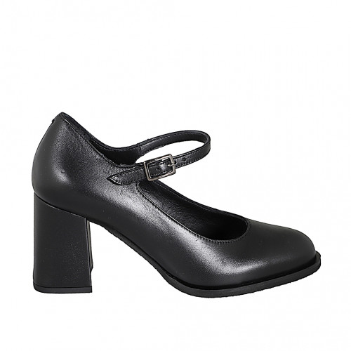Zapatos de salón Mary Jane en piel negra con punta redonda tacon 7 - Tallas disponibles:  35, 43, 44, 45