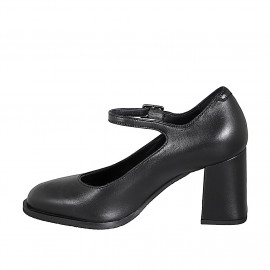 Round-toe Mary Jane pumps in black leather heel 7 - Available sizes:  32, 33, 34, 35, 42, 43, 44, 45 2