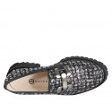 Mocasines para mujer con accesorio metalico en tela bouclé negra, blanca y platino y piel negra tacon 3 - Tallas disponibles:  32, 33, 35, 42, 45, 46