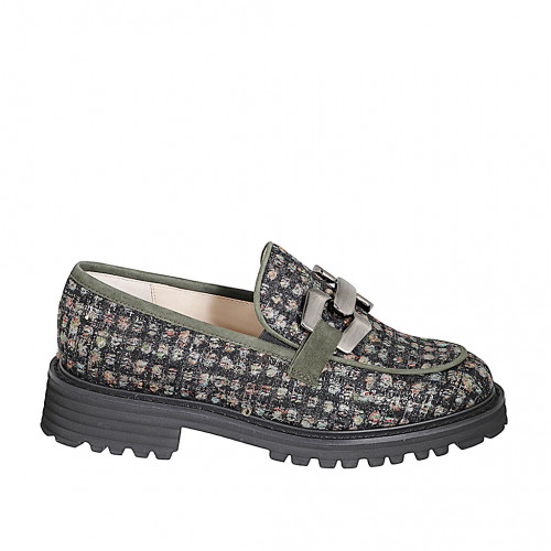 Mocasines para mujer con accesorio metalico en tela bouclé multicolor y gamuza verde tacon 3 - Tallas disponibles:  33, 35, 42, 43, 45, 46